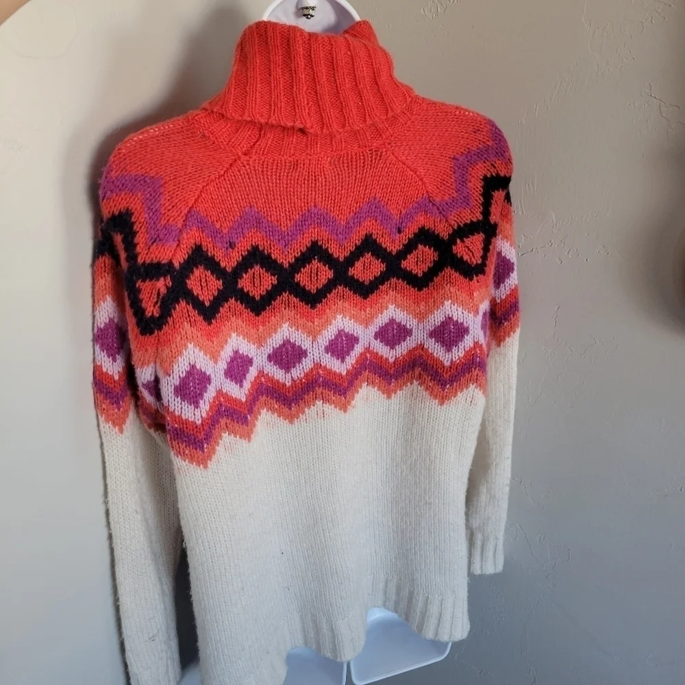 Aerie Fair Isle Turtleneck Sweater Long Sleeve 25% Wool XS Red White Colorful